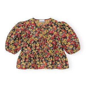 Ganni Floral Puff Sleeve Blouse - Red and Yellow